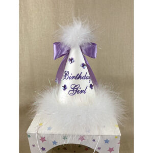 Birthday Girl Party Hat Cone Shaped Sparkle Feather Fur Trim